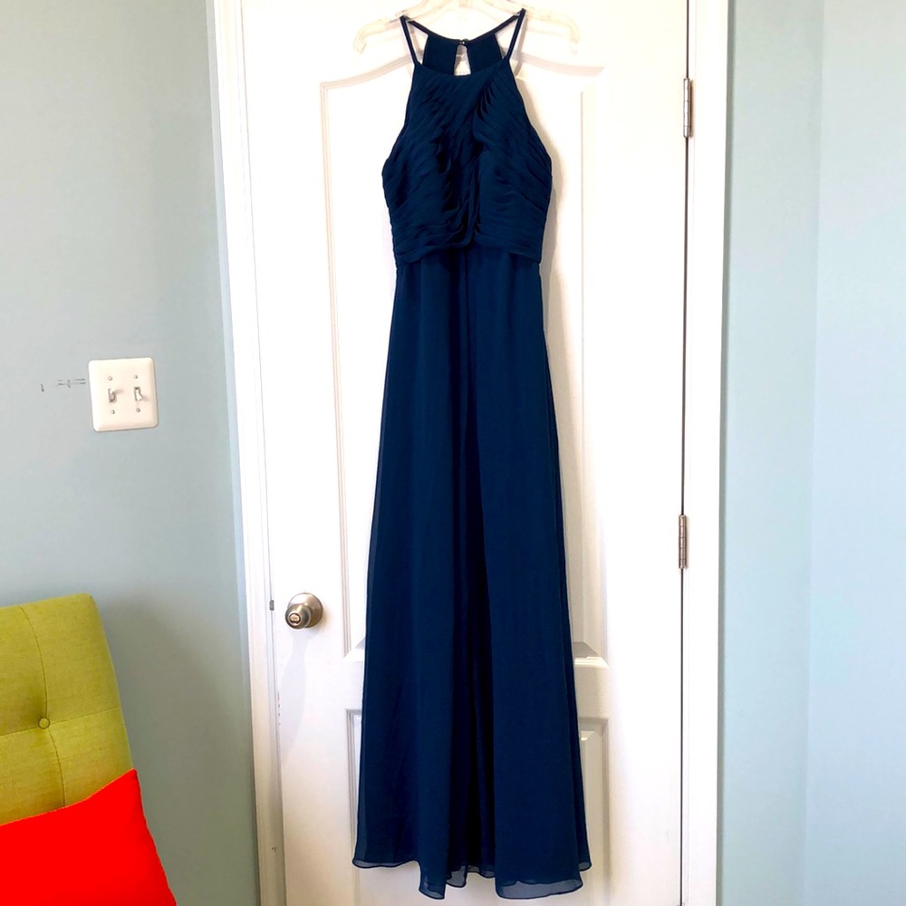NWOT: Blue gown. Maxi dress. Sleeveless, halter style, lined.